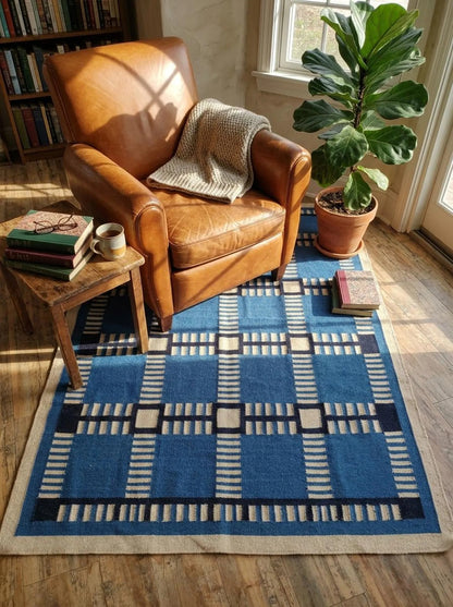 Cobalt Matrix Grid Wool Cotton Dhurrie Rug