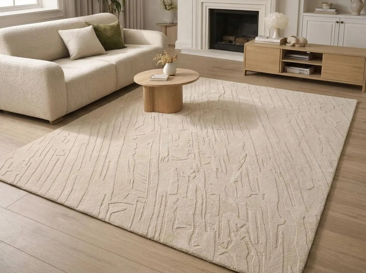 Hand-Tufted Wool Area Rug, Beige Minimalist Carpet, Contemporary Abstract Rug