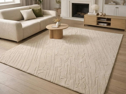 Hand-Tufted Wool Area Rug, Beige Minimalist Carpet, Contemporary Abstract Rug