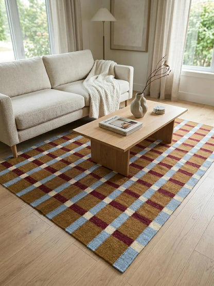Ochre Sky Plaid Grid Handwoven Symmetrical Checked Rug