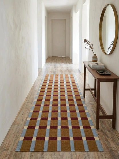 Ochre Sky Plaid Grid Handwoven Symmetrical Checked Rug