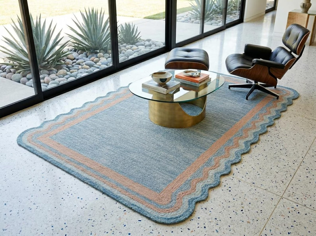 Hand Tufted Wool Carpet, Scalloped Border Rug, Modern Blue Area Rug