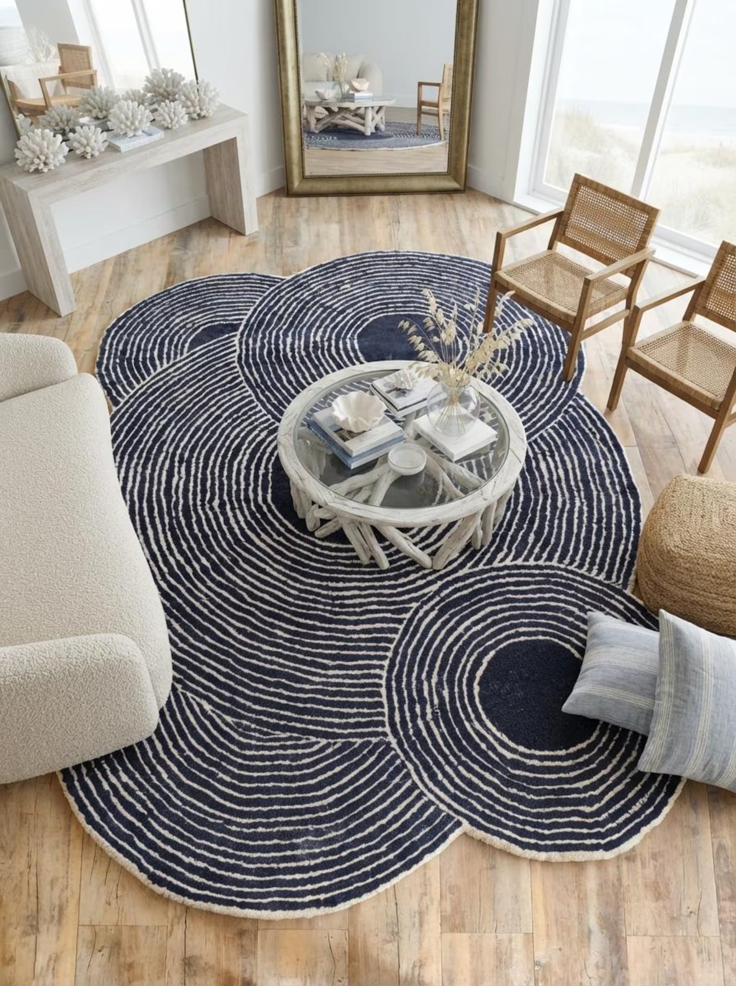 Navy Ripple Circles Abstract Design Wool Tufted Rug