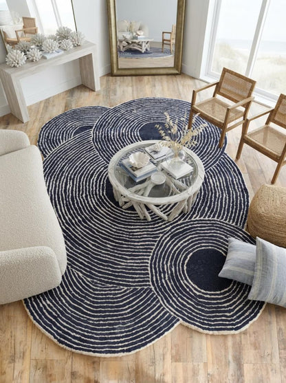 Navy Ripple Circles Abstract Design Wool Tufted Rug
