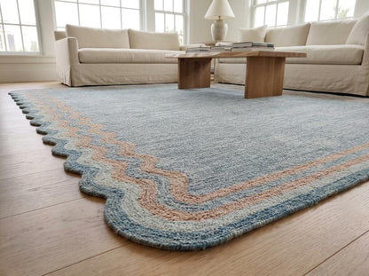 Hand Tufted Wool Carpet, Scalloped Border Rug, Modern Blue Area Rug