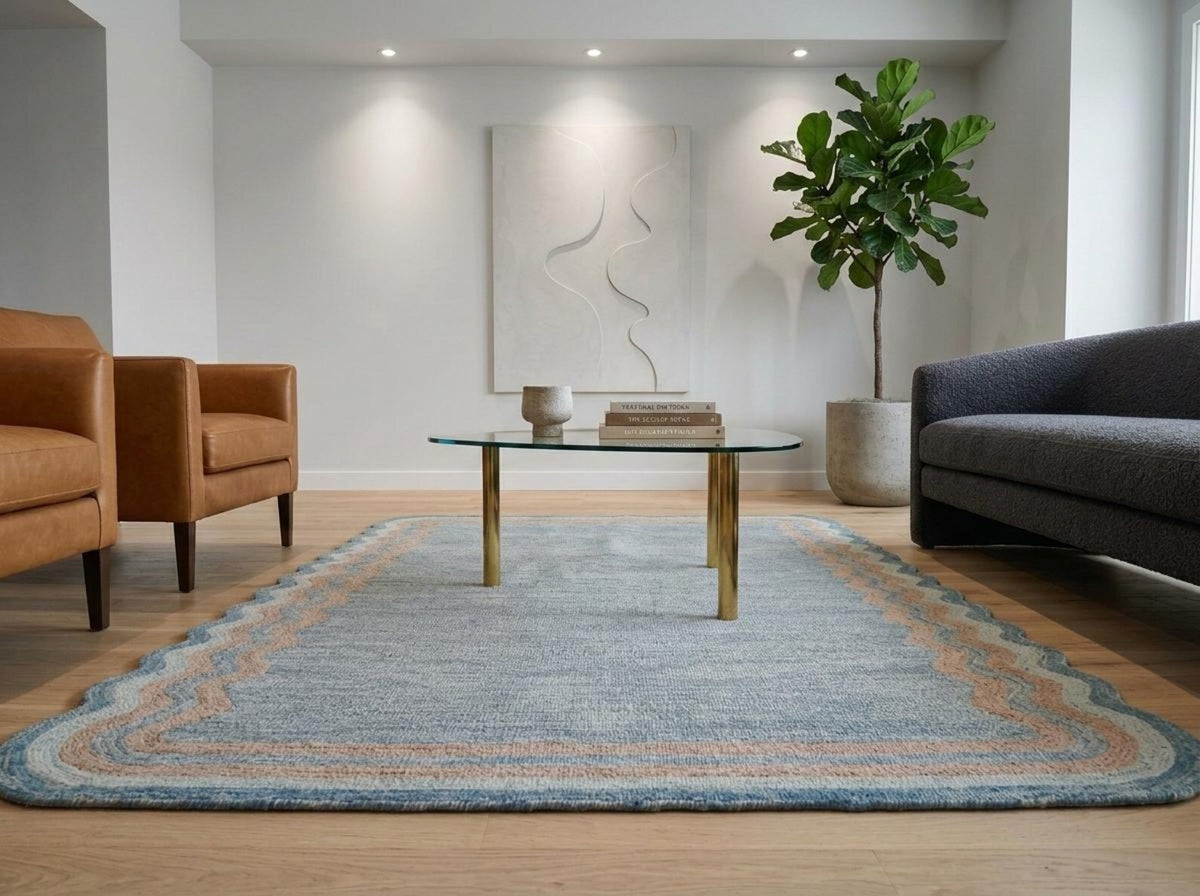 Hand Tufted Wool Carpet, Scalloped Border Rug, Modern Blue Area Rug