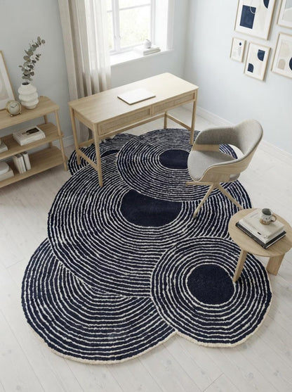 Navy Ripple Circles Abstract Design Wool Tufted Rug