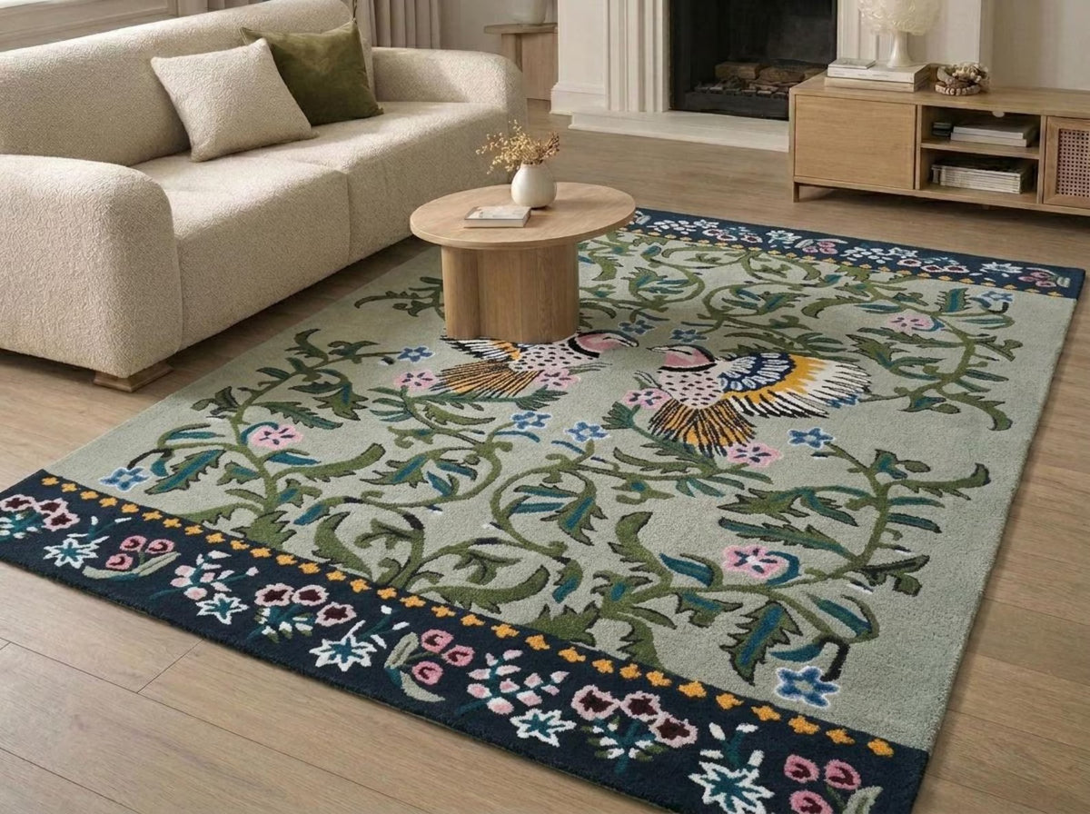 Hand-Tufted Wool Rug, Bird Floral Carpet, Nature-Inspired Area Rug, Custom-Size Wool Rug