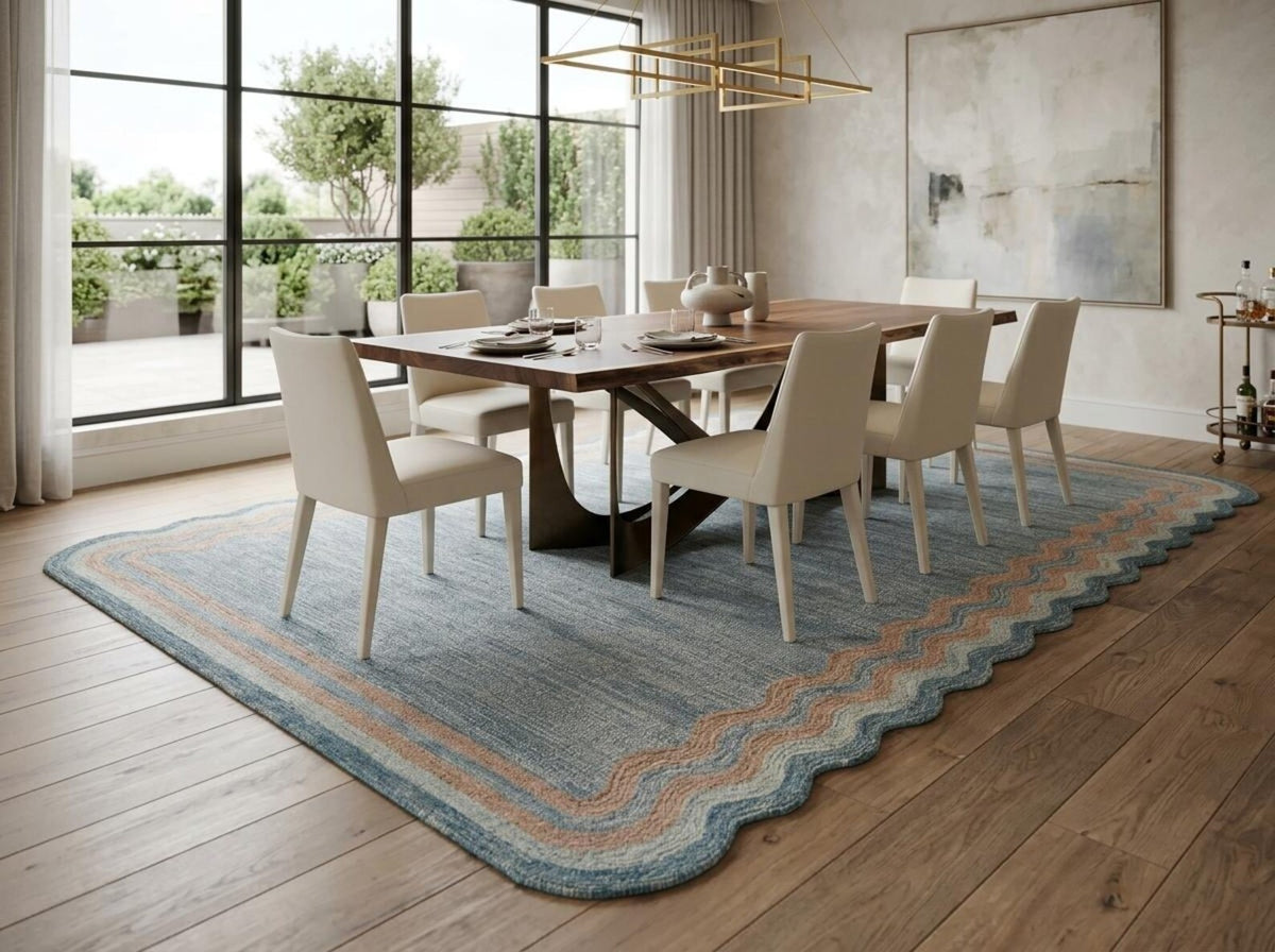 Hand Tufted Wool Carpet, Scalloped Border Rug, Modern Blue Area Rug