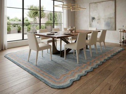 Hand Tufted Wool Carpet, Scalloped Border Rug, Modern Blue Area Rug