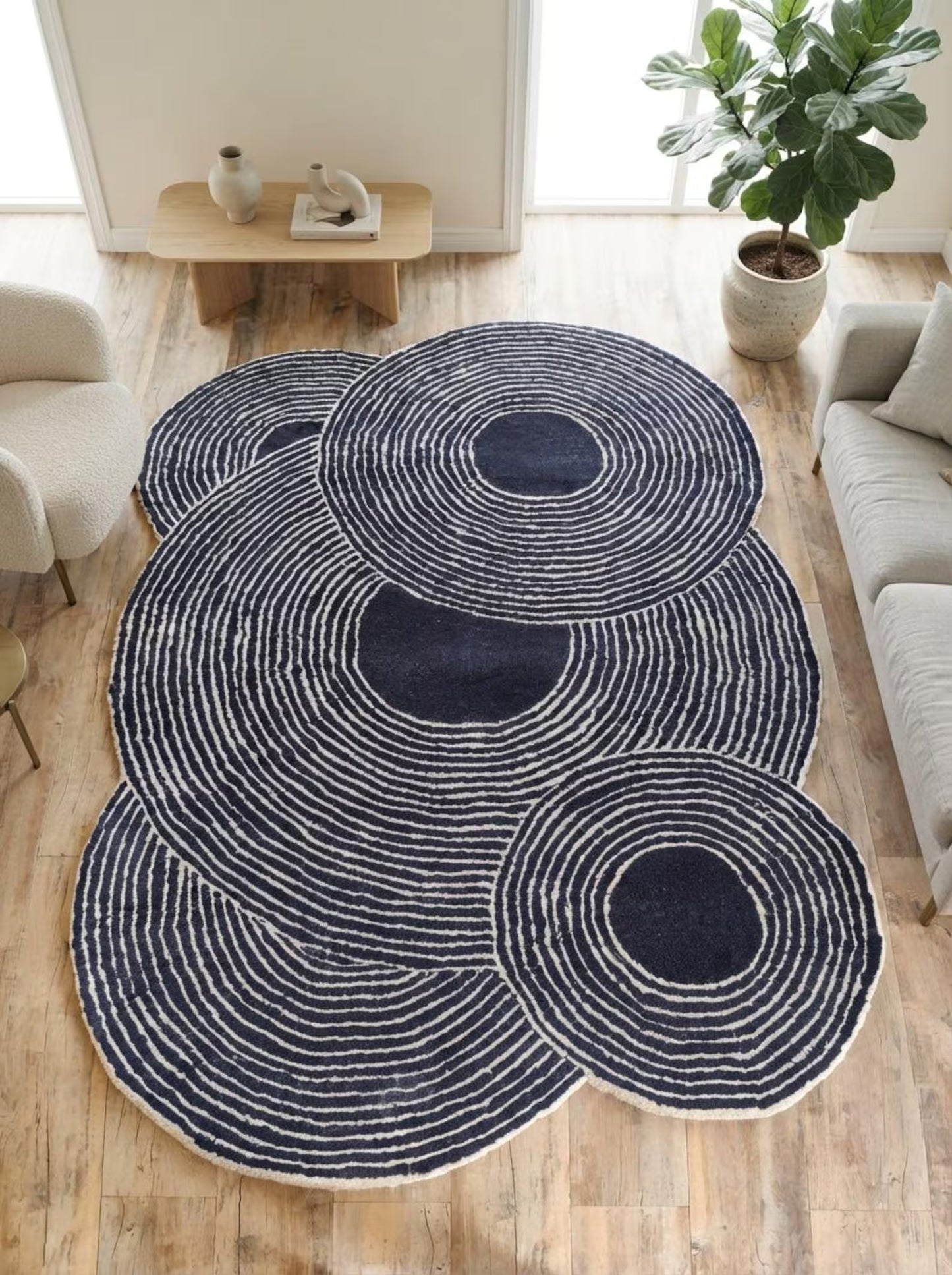 Navy Ripple Circles Abstract Design Wool Tufted Rug