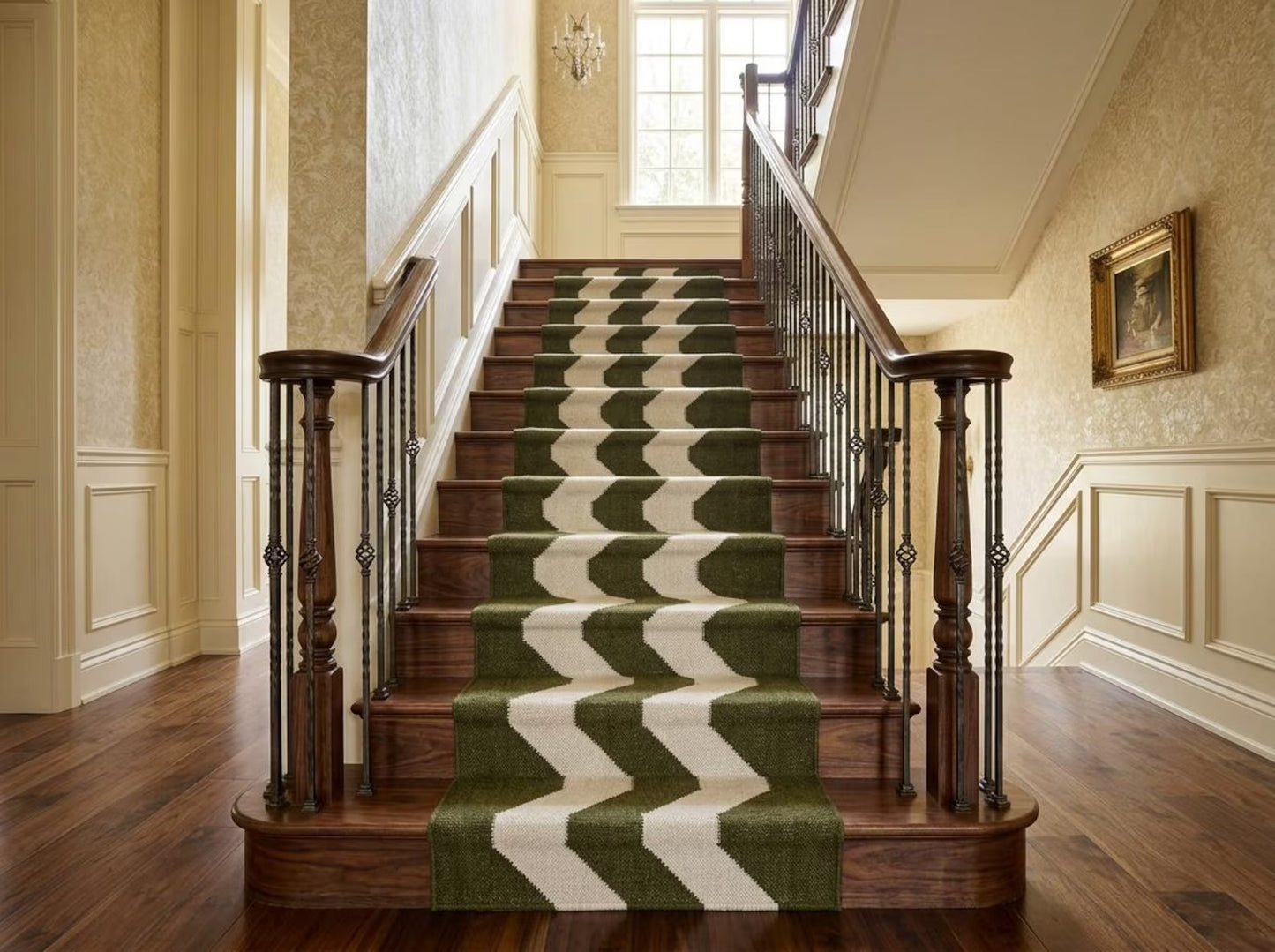 Handwoven Green & Ivory Zigzag Wool Flatweave Runner