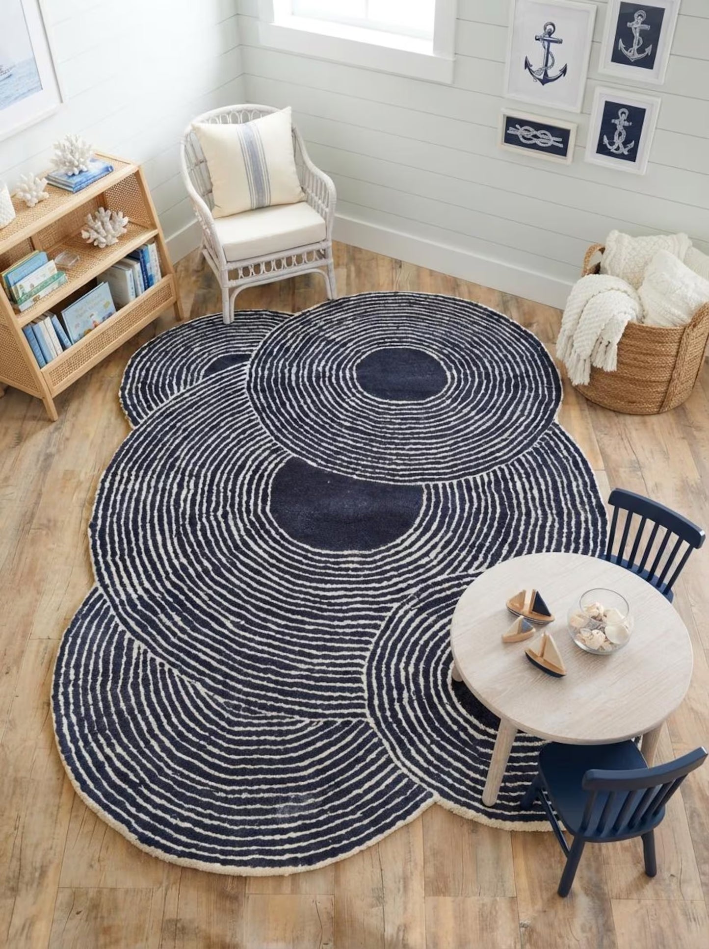 Navy Ripple Circles Abstract Design Wool Tufted Rug