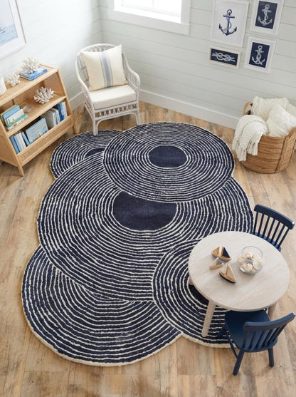 Navy Ripple Circles Abstract Design Wool Tufted Rug
