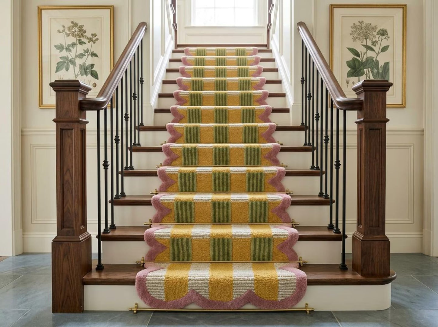 Scalloped Geometric Floral Stair Runner Pink Tufted Runner