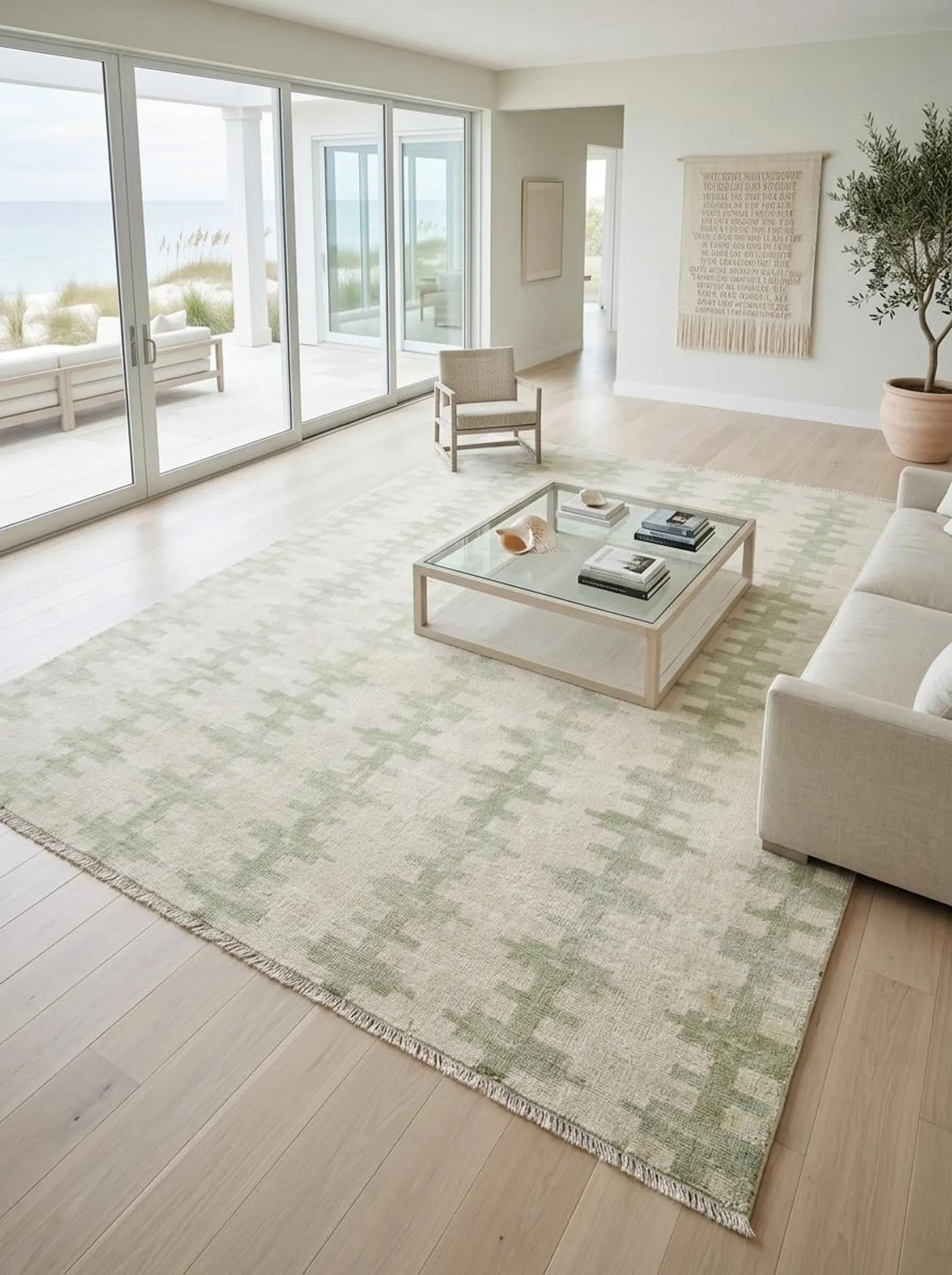 Handmade Green Wool Geometric Rug – Large Abstract Area Oushak Rug