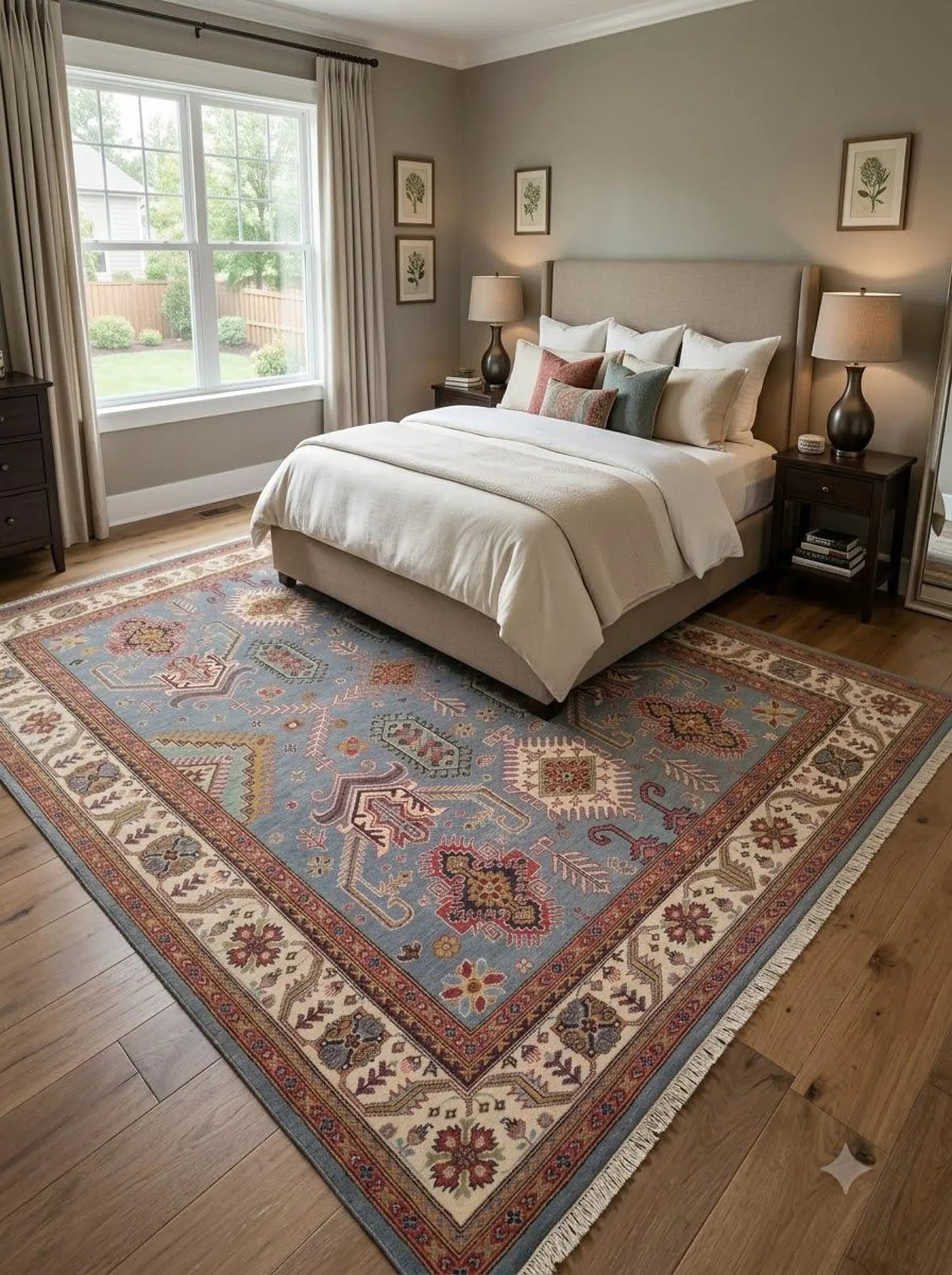 Hand-Knotted Wool Oushak Rug, Blue Tribal Area Carpet, Geometric Floral Modern Rug