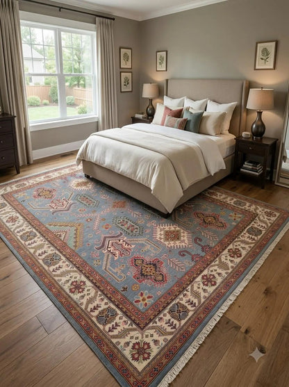 Hand-Knotted Wool Oushak Rug, Blue Tribal Area Carpet, Geometric Floral Modern Rug