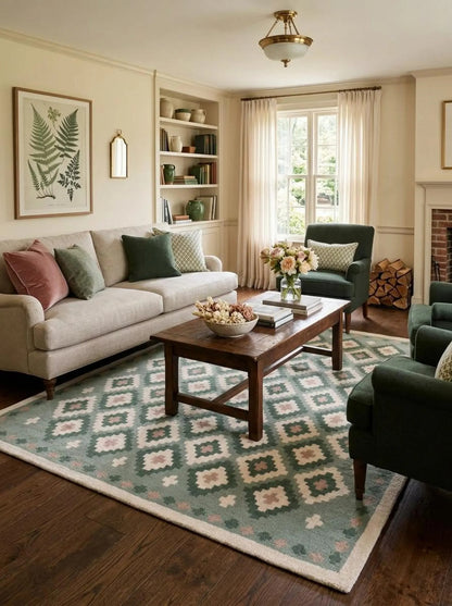 Pastel Green Hand Tufted Wool Rug, Geometric Diamond Pattern Carpet