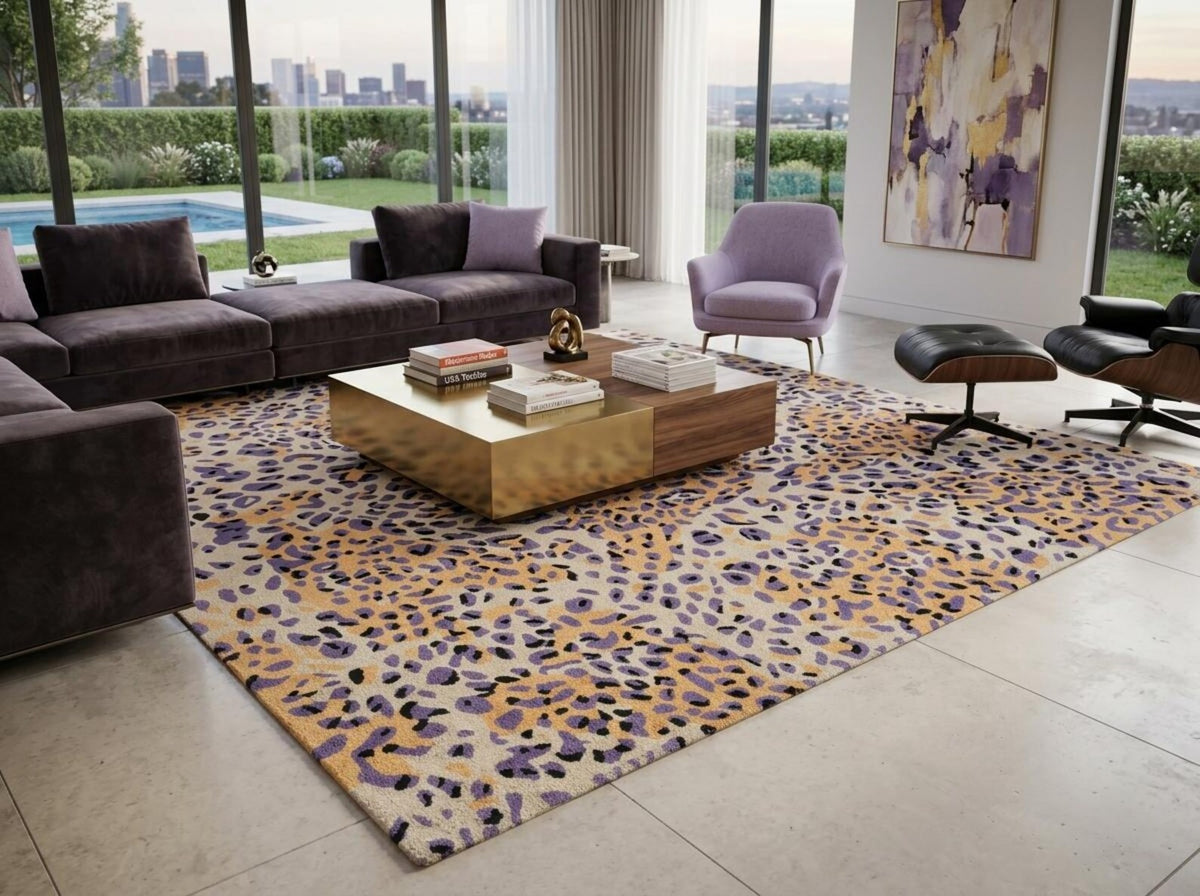 Leopard Print Area Rug, Modern Animal Pattern Rug, Purple Gold Wool Tufted Rug