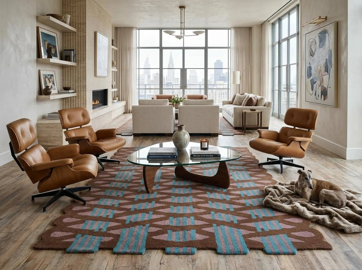 Scalloped Edge Geometric Rug, Brown Teal & Blush Modern Abstract Tufted Area Rug