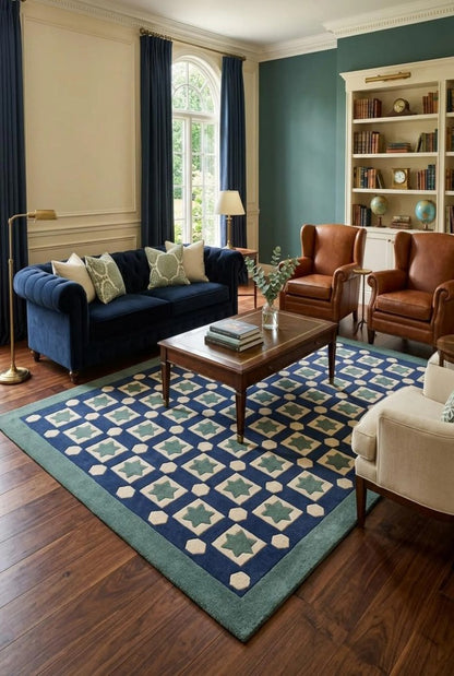 Blue Hand-Tufted Wool Rug,Custom Size Living Room Wool Carpet, Designer Carpet