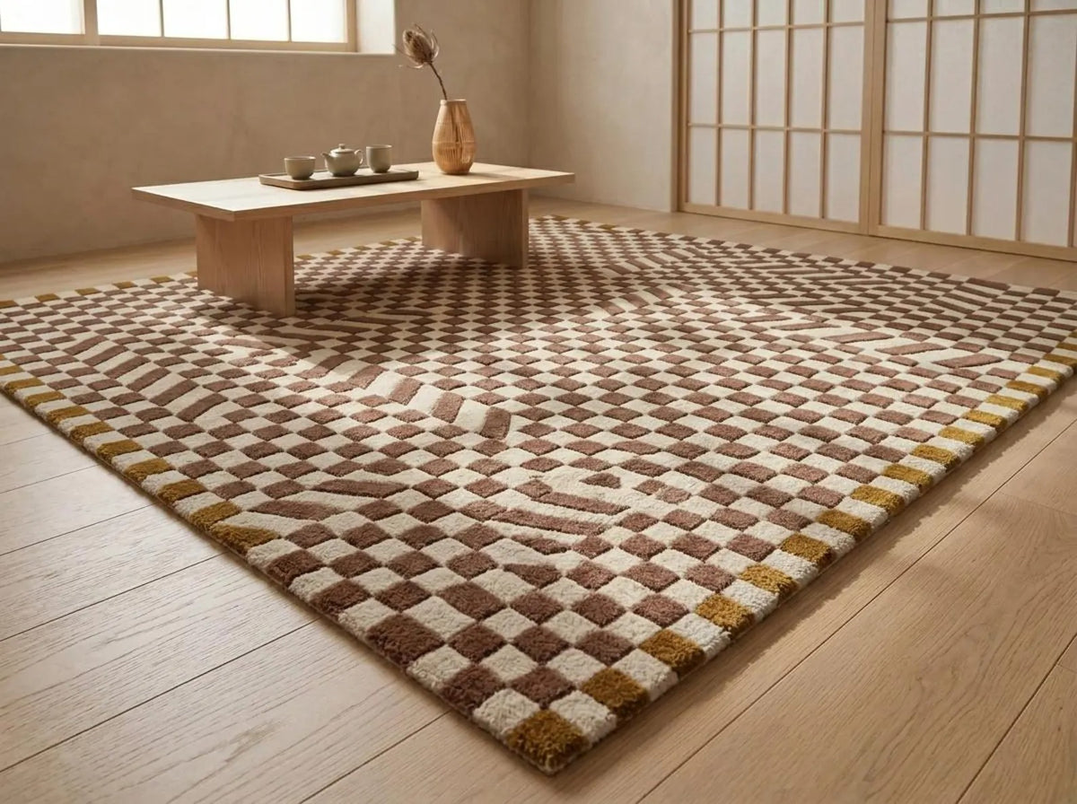 Checkerboard Geometric Rug, Mauve & Ivory Modern Abstract  Tufted Area Rug