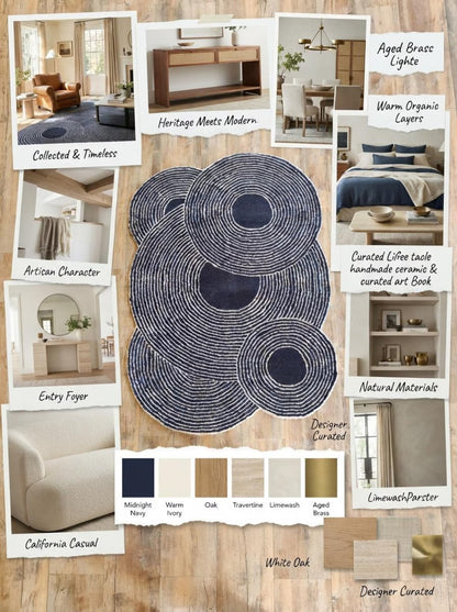 Navy Ripple Circles Abstract Design Wool Tufted Rug