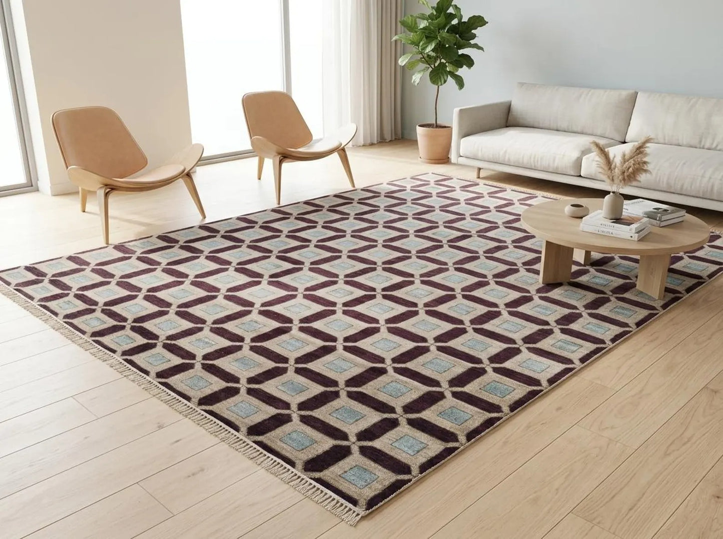 Plum & Ivory Architectural Checkered Lattice Grid Carpet for Living Room