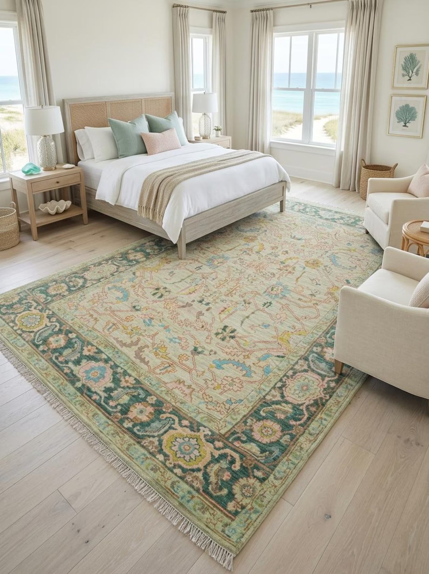Traditional Pastel Floral Anatolian Hand Knotted Oushak Rug