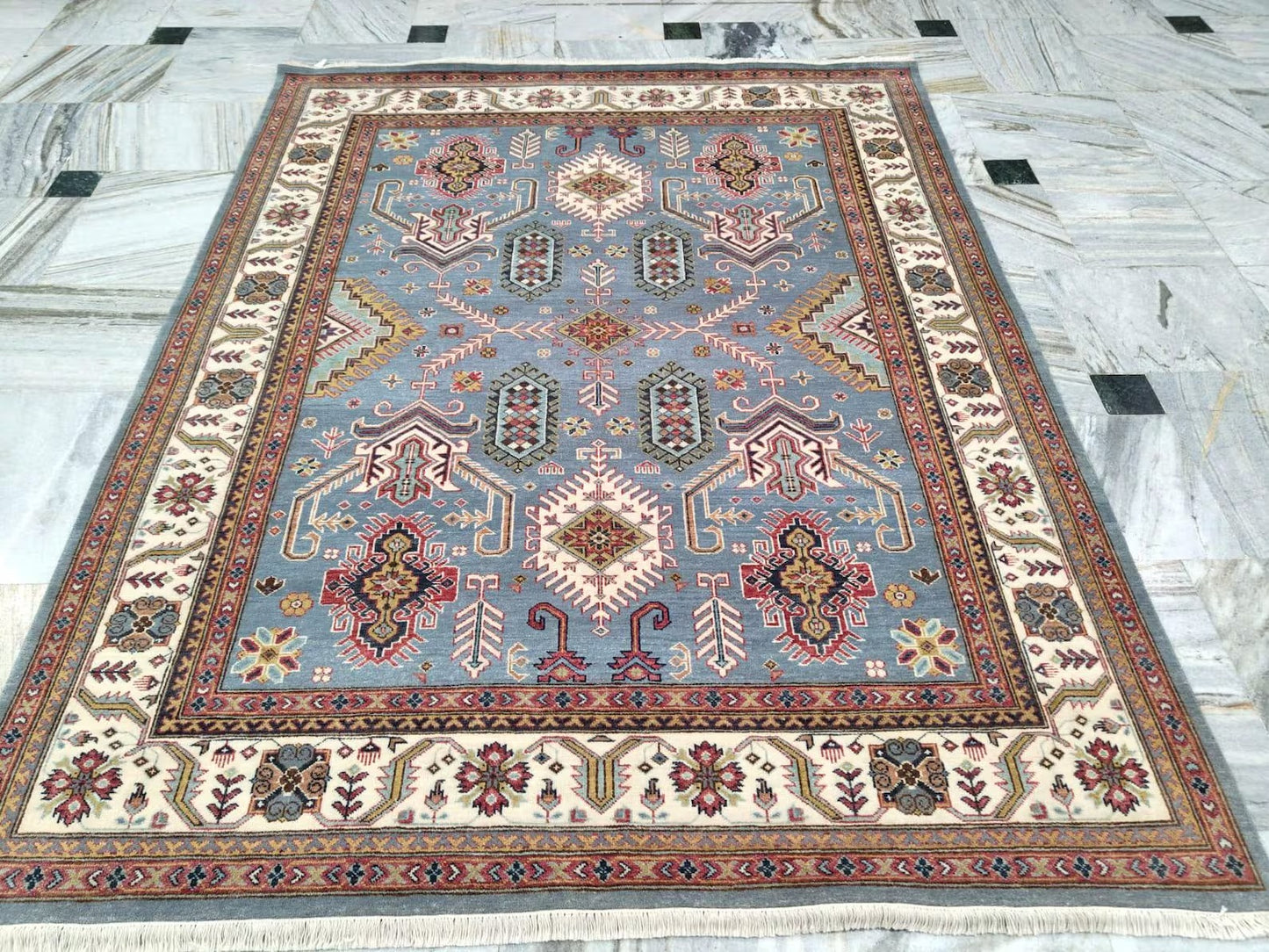 Hand-Knotted Wool Oushak Rug, Blue Tribal Area Carpet, Geometric Floral Modern Rug