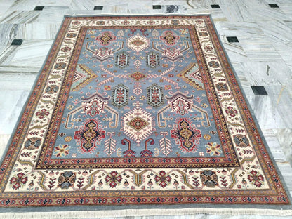 Hand-Knotted Wool Oushak Rug, Blue Tribal Area Carpet, Geometric Floral Modern Rug