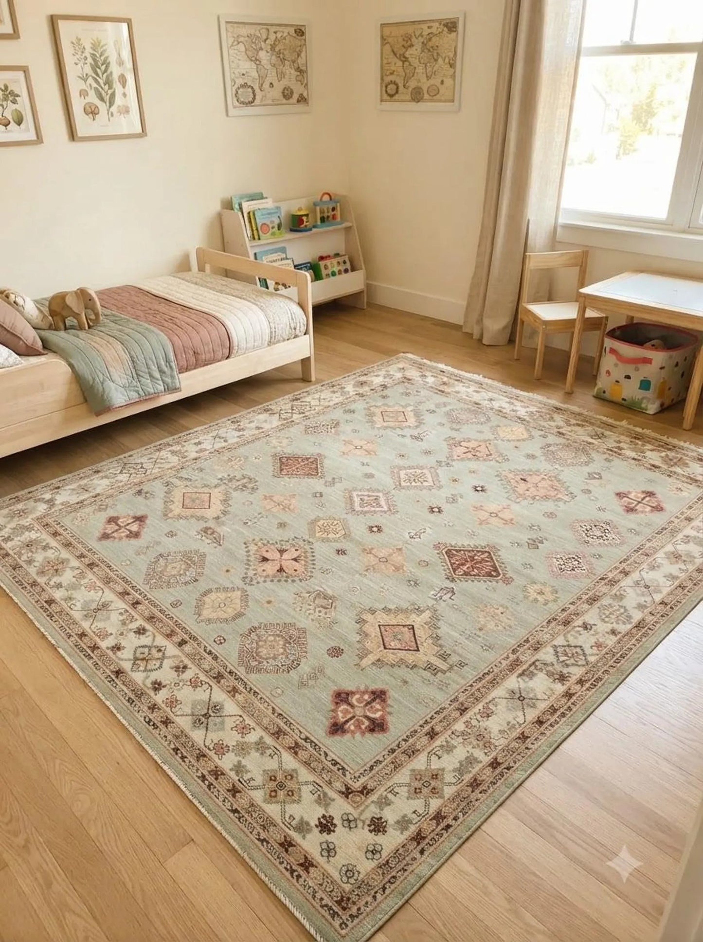 Vintage Sage Mosaic Tribal Geometric oushak Rug