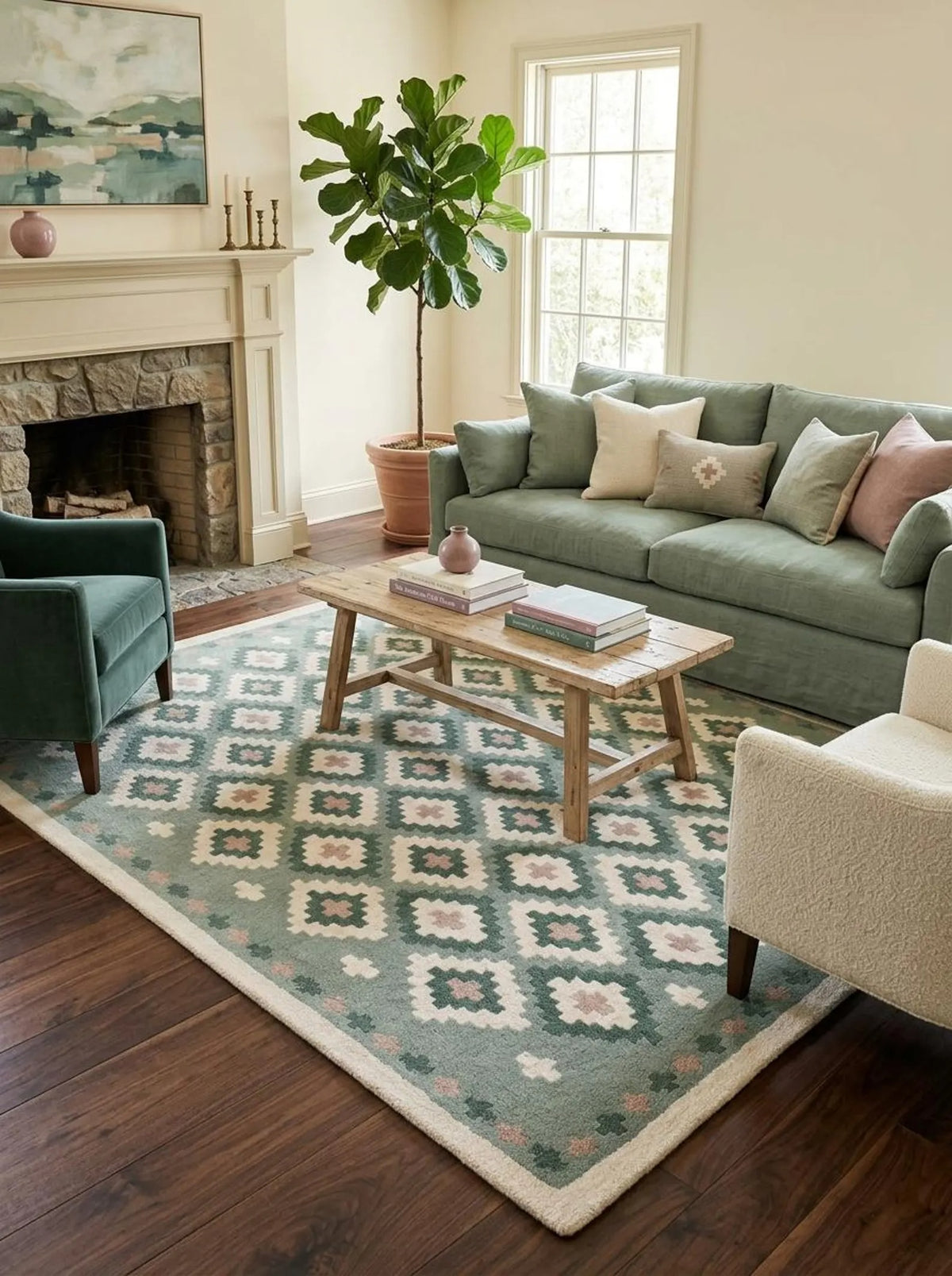 Pastel Green Hand Tufted Wool Rug, Geometric Diamond Pattern Carpet