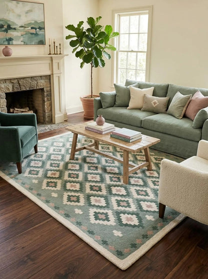 Pastel Green Hand Tufted Wool Rug, Geometric Diamond Pattern Carpet