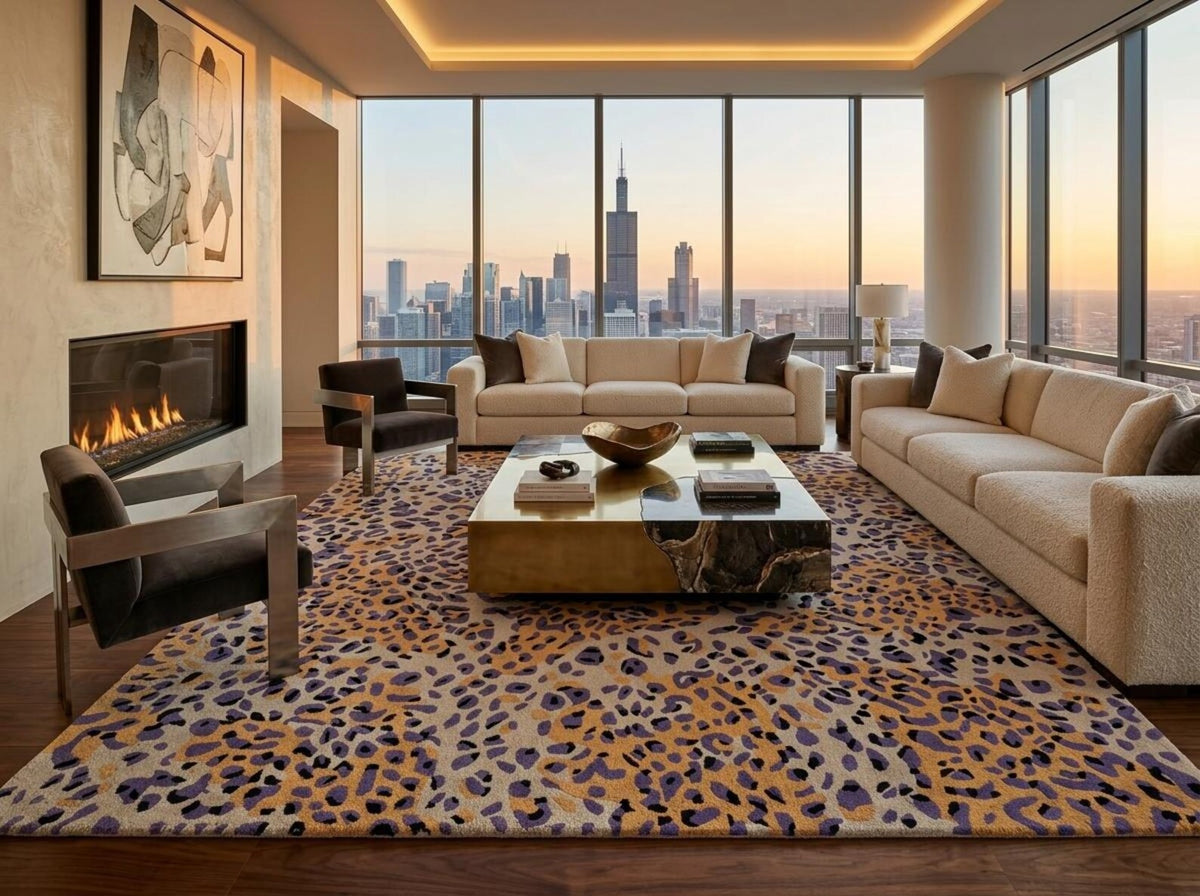 Leopard Print Area Rug, Modern Animal Pattern Rug, Purple Gold Wool Tufted Rug