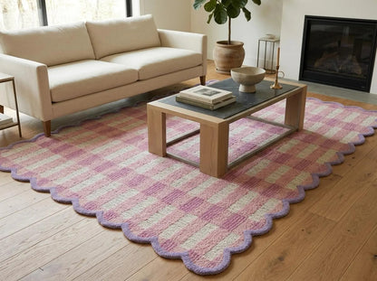 Pink Scalloped Hand-Tufted Rug, Modern Wool Area Carpet, Checkerboard Tufted Rug