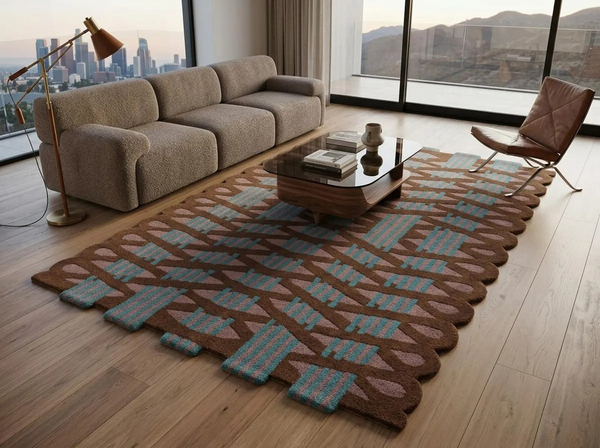 Scalloped Edge Geometric Rug, Brown Teal & Blush Modern Abstract Tufted Area Rug