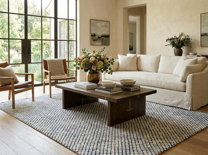 Blue & Ivory Hand Tufted Wool Rug, Modern Checkered Area Rug