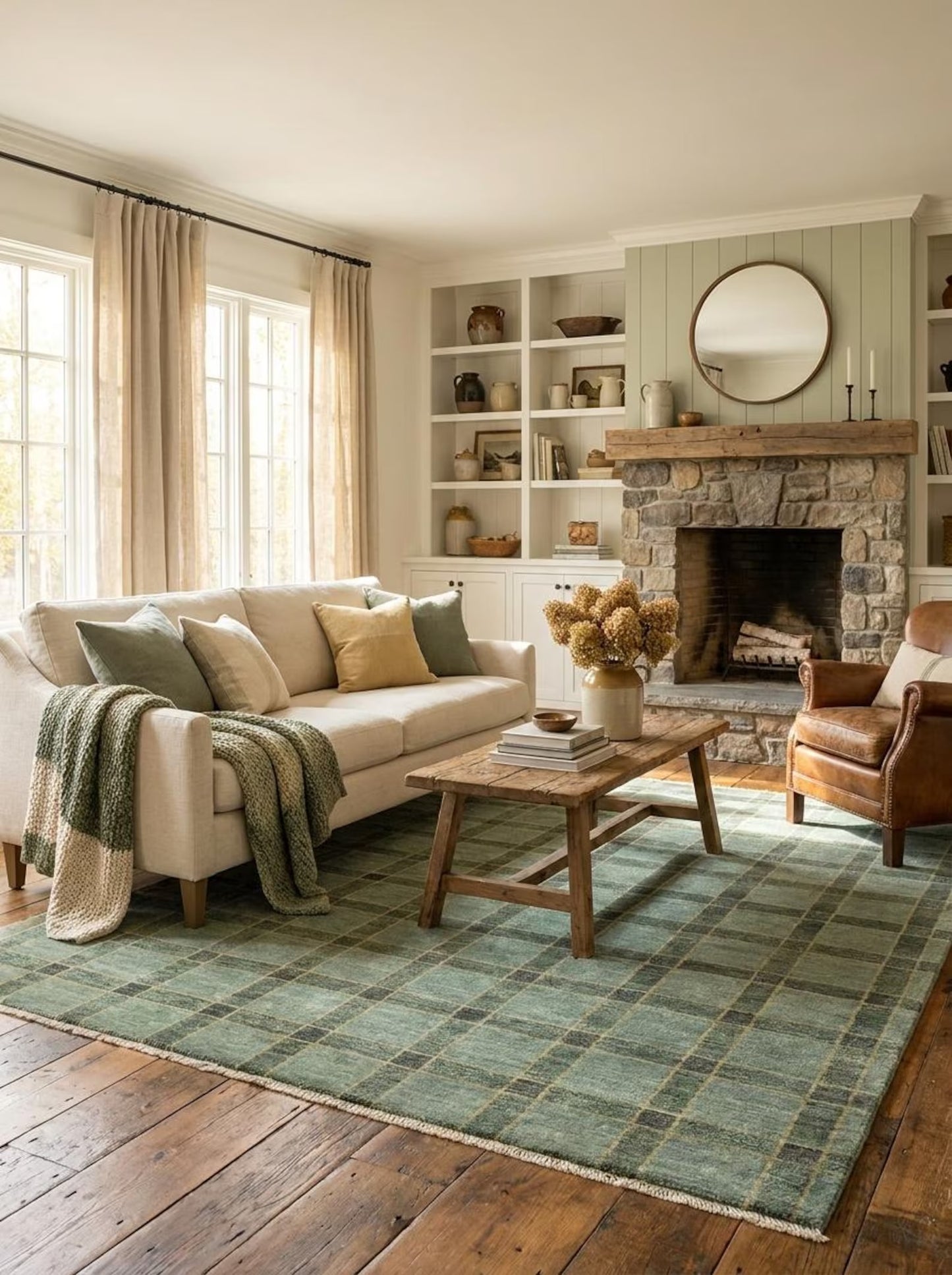 Hand-Knotted Wool Oushak Rug Sage Green Plaid Area Rug