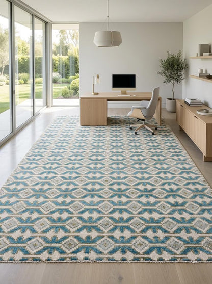 Hand-Knotted Wool Oushak Rug Blue & Ivory Modern-Style Carpet