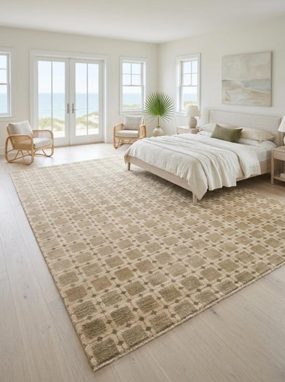 Hand-Knotted Beige Grid Plaid Neutral-Tone Rug