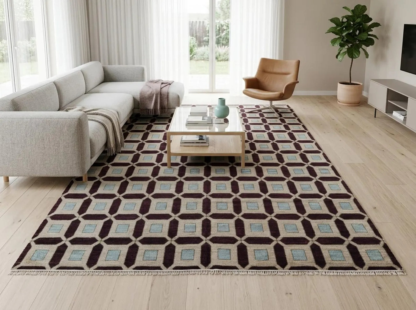 Plum & Ivory Architectural Checkered Lattice Grid Carpet for Living Room