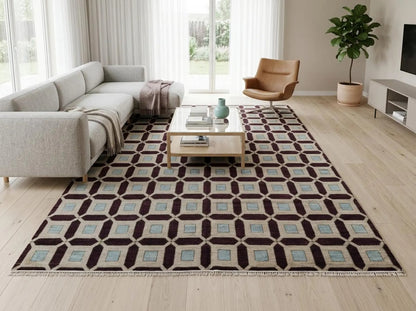 Plum & Ivory Architectural Checkered Lattice Grid Carpet for Living Room