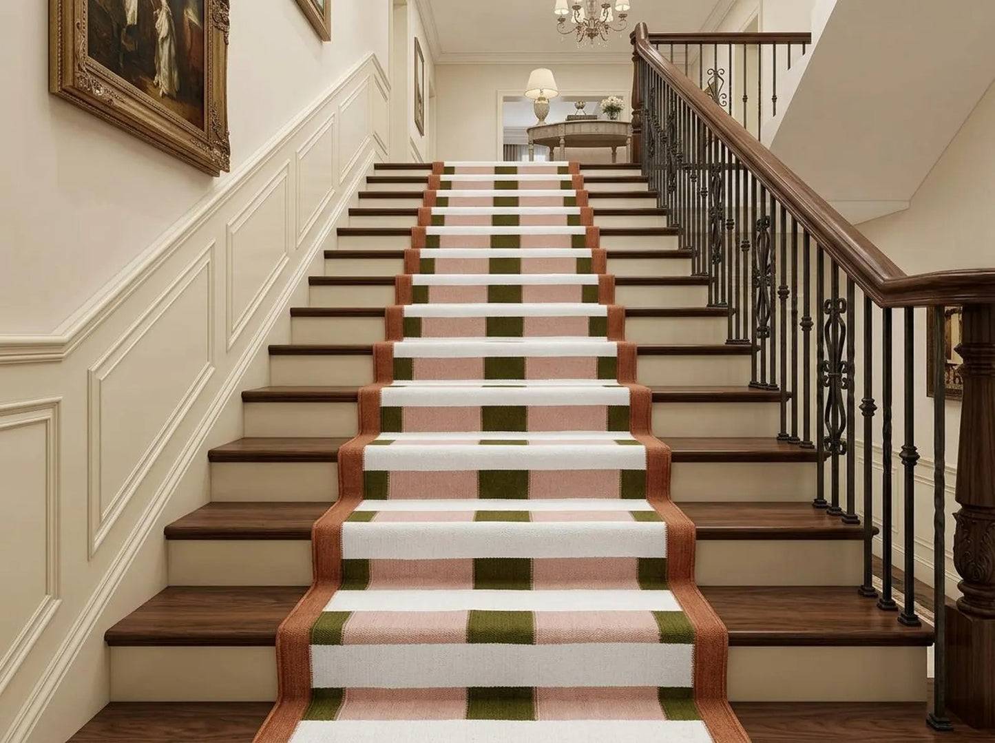 Handwoven Olive Green & Blush Pink Checkered Hallway Runner