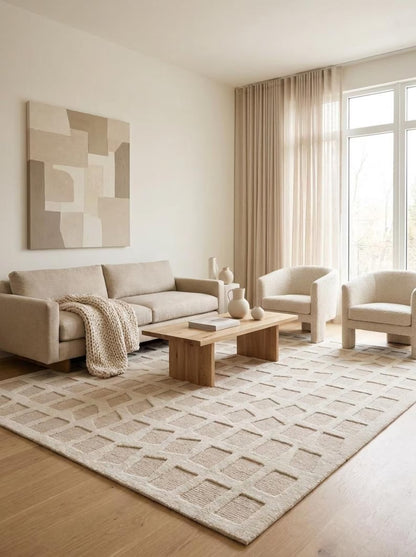 Geometric Grid Plaid Neutral-Tone Rug, Hand-Knotted Beige Wool Rug
