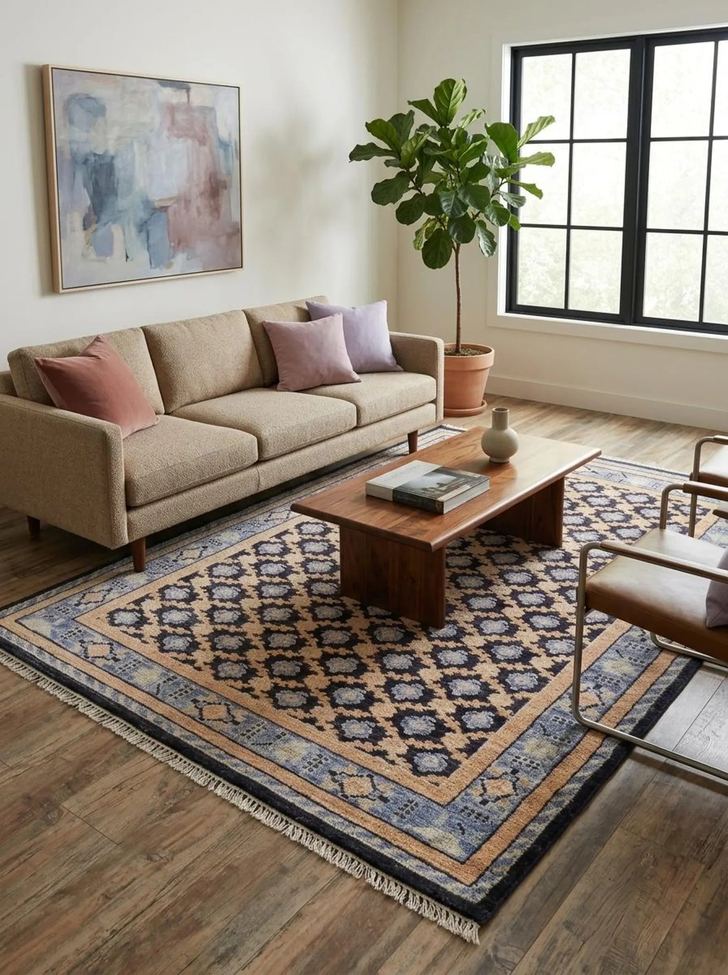 Hand Knotted Oushak Wool Rug Navy Blue & Peach Area Rug