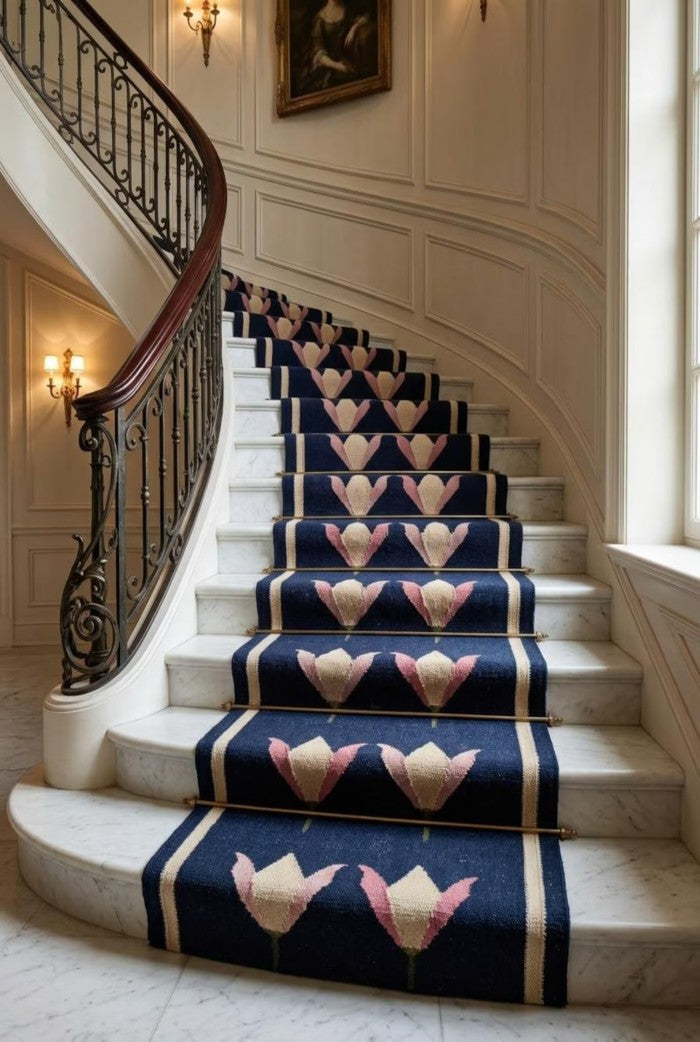 Handwoven Blue Floral Wool Flatweave Runner Rug