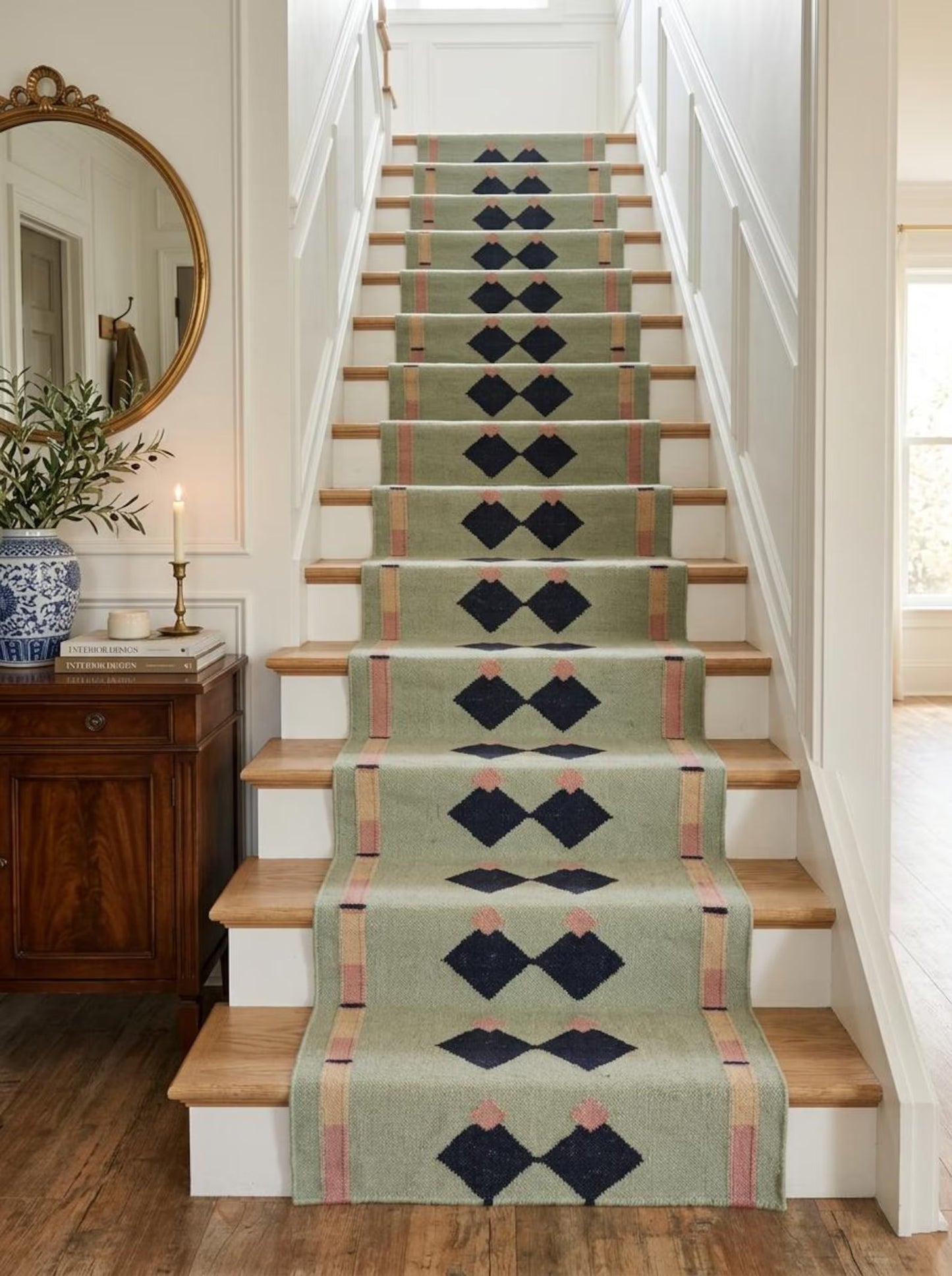 Blue Navy Geometric Pink Accent Boho Wool Flatweave Runner Rug