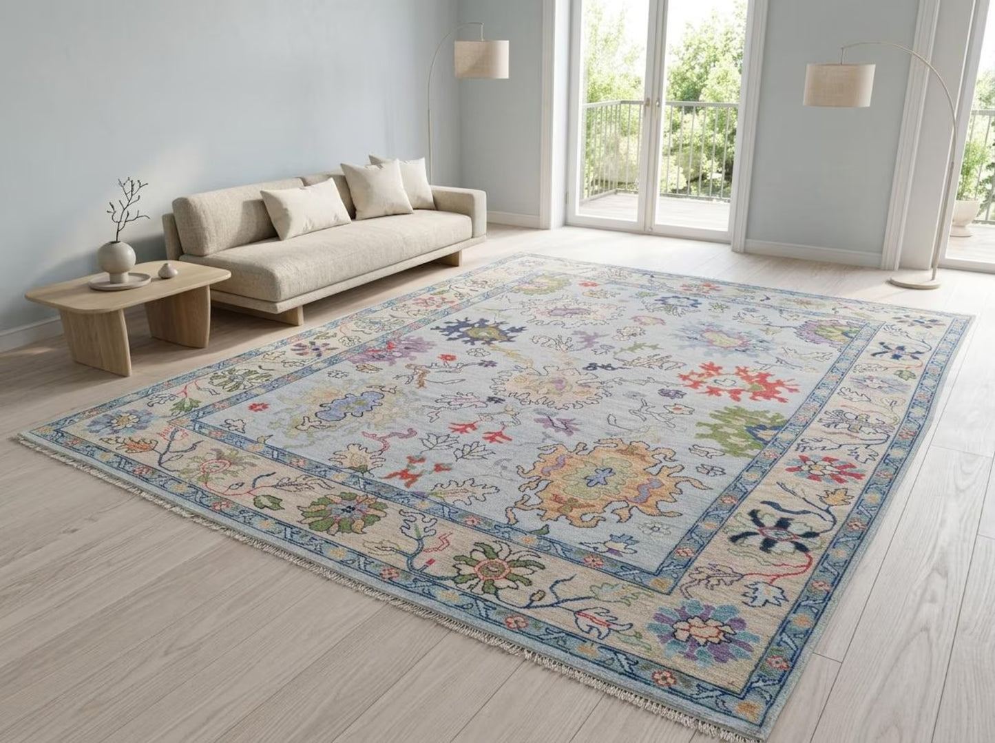 Vintage Floral Pastel Botanical Wool Hand Knotted Oushak Rug